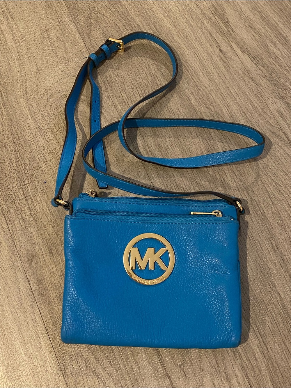 Michael Kors Bright Blue Pebbled Leather Crossbody with Gold MK Emblem